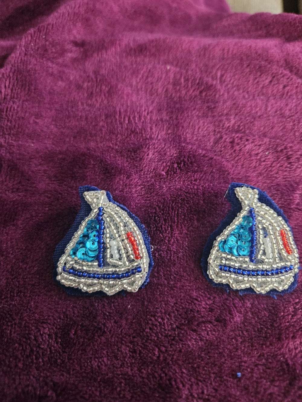 Two Sparkling Blue Sailboat Sequin Appliqués Brooches - Pair